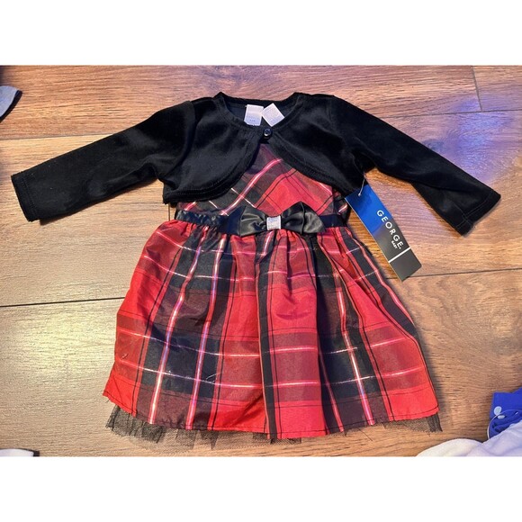 george 3-6 months nwt 3 piece girls holiday christmas dress. red plaid - Picture 1 of 6